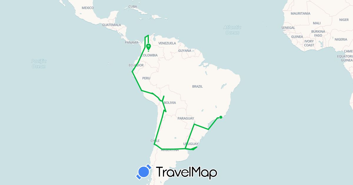 TravelMap itinerary: driving, bus in Argentina, Bolivia, Brazil, Chile, Colombia, Ecuador, Peru, Uruguay (South America)